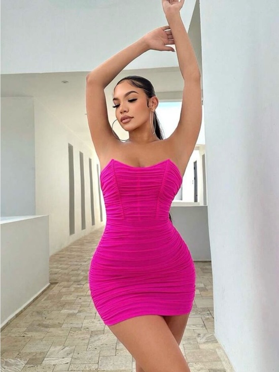 no tag Dresses & Skirts - Strapless Ruched Mini Dress in Vibrant Pink